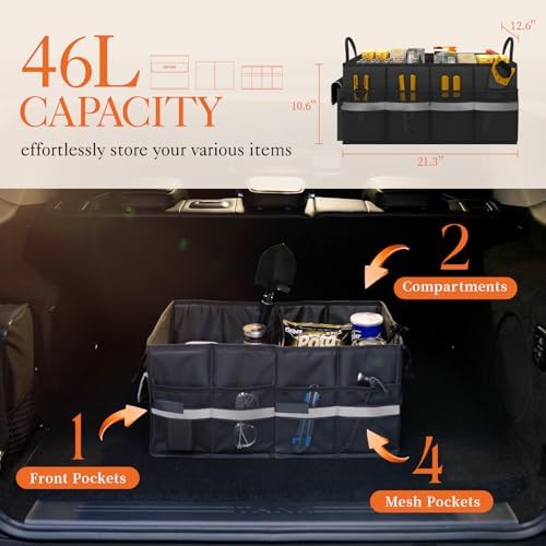 HOTOR Trunk Organizer - Car Organizer with 5 Pockets, Trunk organizer for SUV, Sedan &amp; Van, Car Organization with Sturdy Base Panel for Car Accessories, Black, 2 Compartments, 21.3"×12.6"×10.6"
