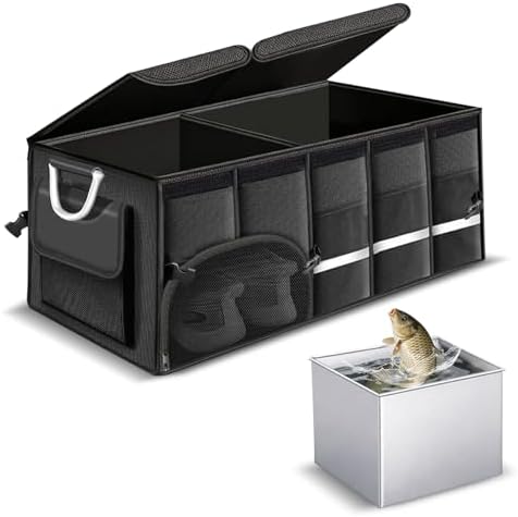 92L Large Collapsible Trunk SUV Organizer with Cover | 1680D Oxford Car Cargo Storage with Dividers, 4 Mesh Pockets, Reflective Strip, and Waterproof bag for Groceries and Wet Gear