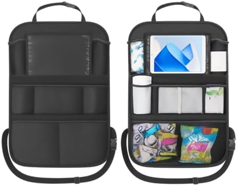 Car Backseat Organizer with 10'' Tablet Holder, Oxford Fabric Auto Seat Back Protector Kick Mats for Kids, Car Back Seat Storage Pockets Organizer, Essentials Travel Accessories for Road Trip (2PCS)