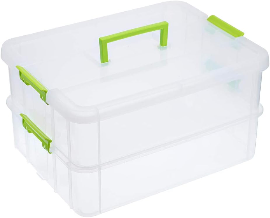 BTSKY 2 Layer Stack & Carry Box, Plastic Multipurpose Portable Storage Container Box Handled Organizer Storage Box for Organizing Stationery, Sewing, Art Craft, Jewelry and Beauty Supplies Green