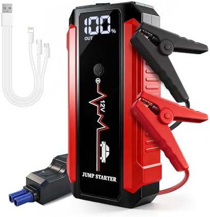 Car Battery Jump Starter,1200A Peak Portable Jumper Starter Battery Power Pack for 12V Gasoline Car,Portable Jump Box with 3Modes Flashlight and Jumper Cables CarStarter with LCD Display and LED Light