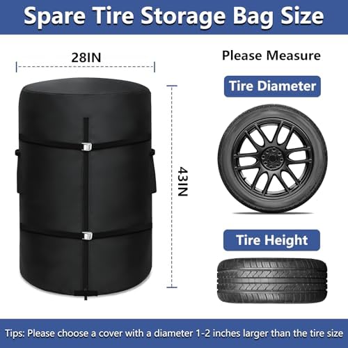 Tire Cover, Heavy Duty Waterproof Spare Tire Storage Bag - 28 Inch Diameter Tires Covers for Trucks, SUVs, RVs, Campers, Trailers (Black)