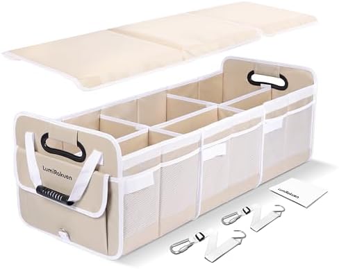 Car Trunk Organizer with Removable Lid for SUV (XL, Beige) | 1680D Wipe-Clean Fabric & 3.5mm PP Board. Collapsible Car Basket Features Dual Non-Slip Metal Hooks & 2x Adjustable Straps