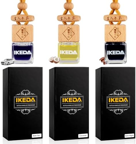 Ikeda Car Air Freshener, Hanging Essential Oil Diffuser For Automotive, 45+ days Long Lasting Fragrance, Includes: Dark Night and Coconut and New Car (10ml Pack of 3)