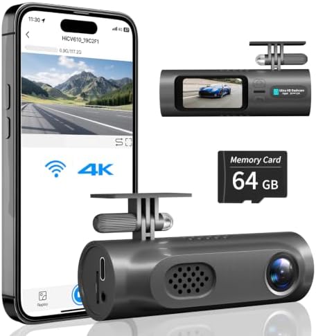 4K Dash Cam Front, 64GB Card Included, Dash Camera for Cars Built in WiFi, Mini Dashcam with Night Vision, App Control, Loop Recording, Emergency Lock, 1.47'' IPS Screen, Support 128GB Max