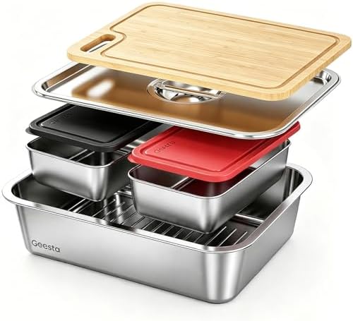 Geesta 5-in-1 Grilling Prep & Serve Tays, Grill Carry System, Stainless Steel BBQ Serving Platter, Marinating Container with Lid & Cutting Board, Outdoor Cooking Grill Accessories, Grilling Gift