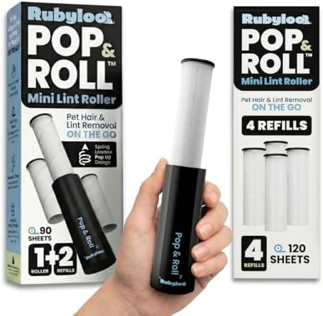 Rubyloo Mini Lint Roller Bundle for Pet Hair Travel Size Roller with Retractable Cover 6 Refill Pack Sticky Dog Cat Hair Remover for Clothes Car Bag Travel Essentials for Pet Owners