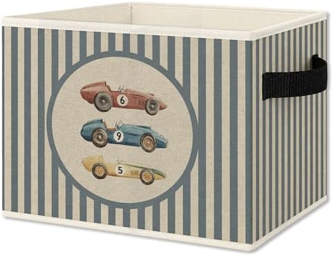 Vintage Race Car Boy Foldable Storage Bins Box with Handles, Kids Room Decor for Boys, Striped Car Vehicle Collapsible Organizer Basket for Kids Nursery Room Bedroom Playroom Toys Books