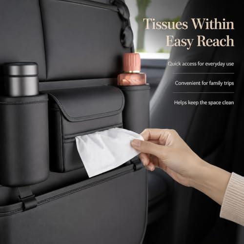 Leather Car Seat Organizer for Cars, SUV & Truck - Back Seat Headrest Storage Organizer with 6 Pockets, Large Capacity Waterproof Car Organizer Pocket for Phone, Bottle, Tissue, Toys