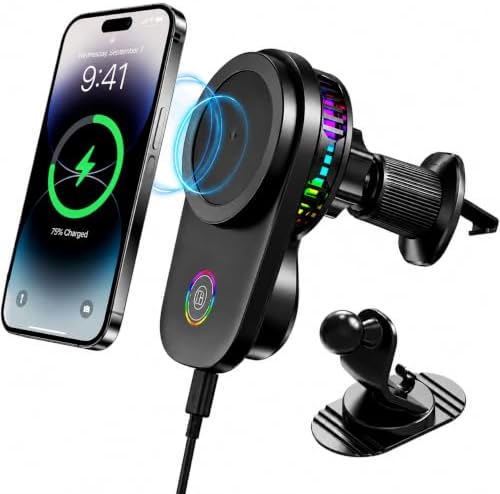 Upgraded 15W Wireless Car Charger Mount with Cooling Fan, MagSafe Magnetic Car Phone Holder, 360° Rotation, Vent & Dashboard Mount for iPhone 17/16/15 Pro Max, Samsung S25/S24