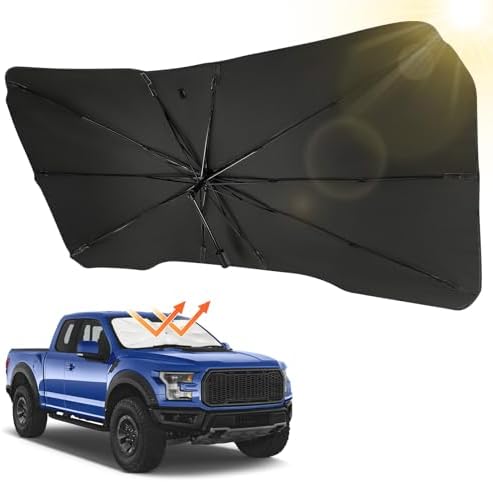 JOYTUTUS Windshield Sun Shade Umbrella, Fit for Ford 2015-2025 F150 F250 F350, with 360° Rotation Bendable Shaft, Titanium Silver Coating for UV Ray Block, Car Front Window Sun Shade Keep the Car Cool