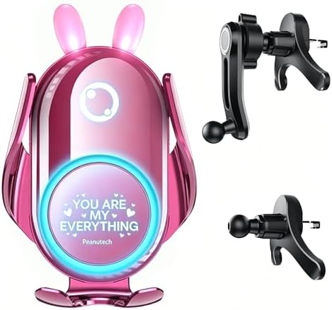 Auto Clamp Wireless Charging Car Mount, Pink Cute Rabbit Car Phone Holder