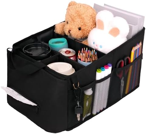 HEYSKAY Car Seat Organizer-Passenger Seat Organizer, Collapsible Small Car Seat Organizer for Console Front/Back, Car Caddy with 4pc Drink Holders Automotive Backseat Organizer for Kids