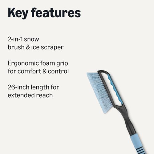 Amazon Basics 2-in-1 Car Snow Brush and Ice Scraper, 26.2 Inch, Ergonomic Foam Grip, Detachable Design, Black and Blue