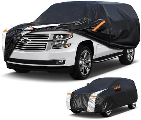 Large SUV Car Cover for Chevrolet Tahoe 100% Waterproof All Weather, Heavy Duty Outdoor Full Exterior Covers Rain Sun Wind UV Protection.