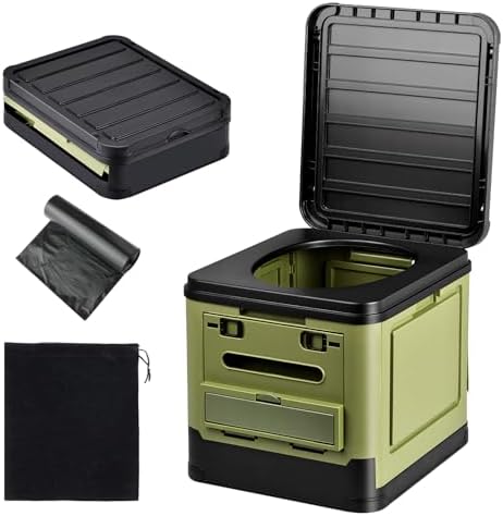Collapsible Portable Toilet for Camping,Portable Travel Folding Toilet with Lid and Paper Holder,Compact Travel Potty for Cars, Trucks, RVs, Hiking and Outdoor Use (Green)