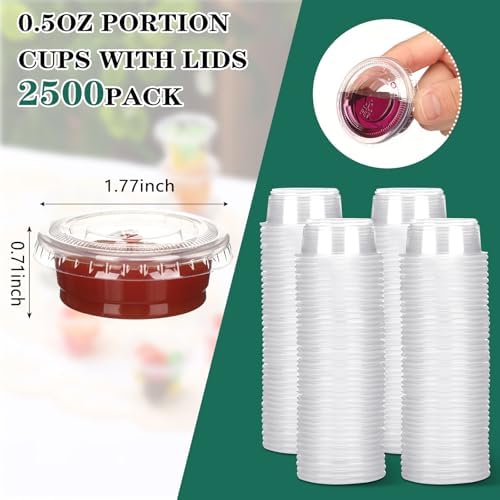 Bokon 2500 Sets 0.5 Oz Clear Plastic Portion Cups With Lids Condiment and Dipping Sauce Container Salad Dressing Container Airtight and Stackable Souffle Cups for Lunch, Party, Trips