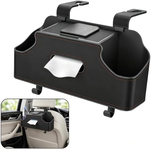 Car Seat Back Organizer, Cup Holder & Tissue Holder & Phone Stand & Dual Hooks, Multi-functional Load-bearing Storage Box for Phone Umbrella Bag, for Most Cars Trucks SUVs (Black)