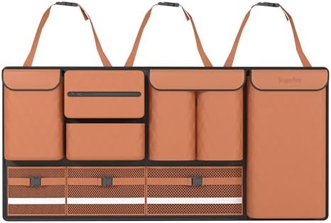 Backseat Hanging Organizer with Large Storage Bags | PU Leather, Large Capacity | Adjustable Straps, Waterproof & Collapsible | Universal Fit for SUVs, Sedans & Trucks | Brown, 37.8" x 18.1" - P810