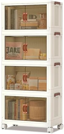 4 Tiers Foldable Storage Bins, 72QT Per Stackable Plastic Storage Bins With Magnetic Double Door and Smooth Wheels Stackable Storage Containers for Snacks, Books
