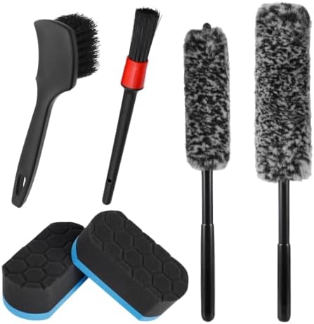 6 PCS Car Wheel Cleaning Pro Kit, Multipurpose Automotive Tire Detailing Brush with Applicator Pads, Scratch-Free Soft-bristled Rim Brush Tire Dressing Pads for Vehicle Cleaning
