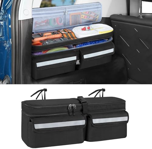 GRAOSO Car Trunk Organizer Compatible With Toyota FJ Cruiser 2007-2021, Multifunctional Car Storage Box with Lid, Double Layer Bag with 3 Wide Hook & Loop Tapes, Both Side with Straps to Fix, Black