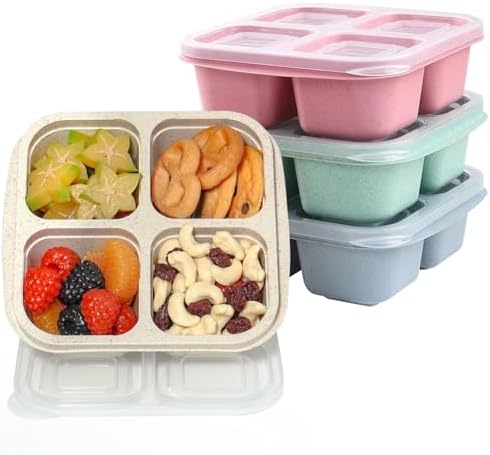 LCHLZZ 4 Pack Snack Containers, Divided Bento Snack Box, 4 Compartments Reusable Meal Prep Lunch Containers for Kids Adults, Food Storage Containers for School Work Travel