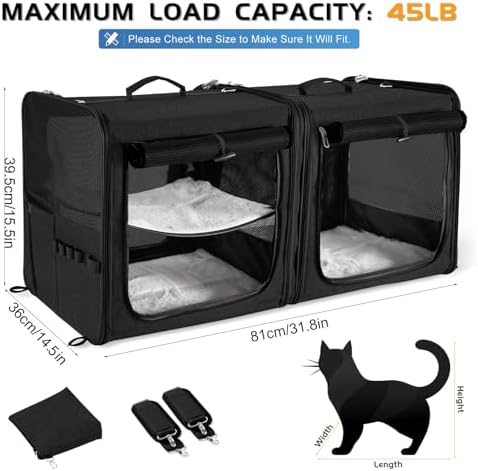 Extra Large Cat Carrier for 2 Cats with Travel Litter Box, 2-in-1 Foldable Soft Pet Car Travel Carrier with Zipper Locks for Multiple Cats Small Dogs Up to 45 Lbs, Black