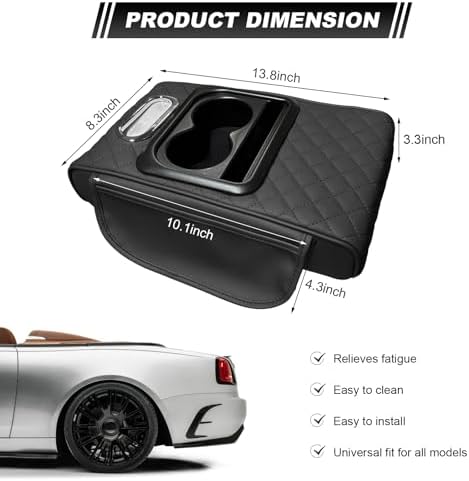 Car Center Console Armrest Pillow, Leather Car Armrest Cushion with Cup Holder & Phone Holder, Universal Armrest Storage Box Protector for Most Vehicles, Car Accessories (Black, Embroidered)