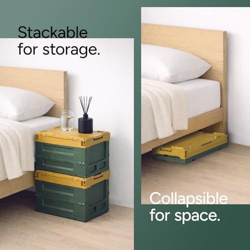Collapsible Storage Box with Lid – Foldable Plastic Crate Organizer, Stackable Space-Saving Container for Home, Kitchen, Closet, Car & Camping | Vintage Retro Design