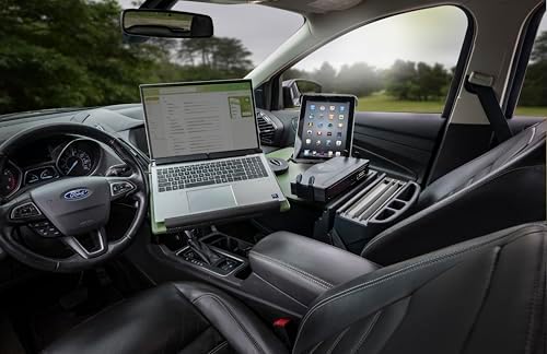 AutoExec Reach Car Desk for Your Vehicle Workstation and Mobile Office, Front Seat Army Green with 400 watt Power Inverter, Printer Stand and Tablet Mount