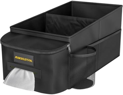 MIKKUPPA Car Seat Organizer - Front Passenger &amp; Backseat Organizer with Tissue Box &amp; Cup Holder, Car Seat Storage Box with Mesh Pockets, Road Trip Essentials for Kids