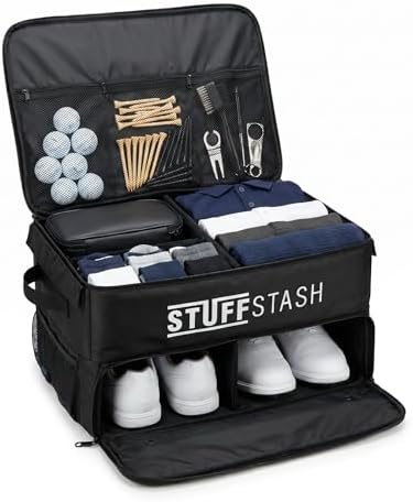 STUFFSTASH Golf Trunk Organizer for Car – Rigid, Won’t Collapse | Ventilated Shoe Compartment, Adjustable Dividers & Mesh Pockets | Golf Gift for Men & Women | Premium Car Trunk Storage Organizer