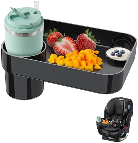 Toddler Car Seat Snack Tray - 3 Inch Cup Holder with Dip Well Fits Most Sippy Cups & Straw Bottles, Mess-Free Square Kids Travel Tray Road Trip Essentials, Black