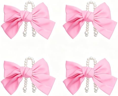 4 Pcs Satin Bow Pearl Car Seat Headrest Hook Cute Car Accessories for Women Coquette Bowknot Vehicle Hooks for Purses and Bags Universal for SUV, Sedan, Truck (Pink)
