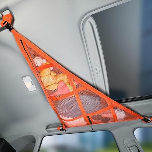 3 Handles Car Ceiling Cargo Net for Inside Car Roof,Interior Mesh Storage,Truck SUV Travel Long Road Trip Camping Interior Accessories 35.4"x25.6",Orange