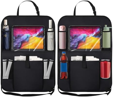 2PCS Car Backseat Organizer with Clear 10" Tablet Holder + 5 Storage Pockets - Seat Back Protector Kick Mats for Kids - Car Back Seat Storage Organizer - Road Trip Essentials Travel Accessories