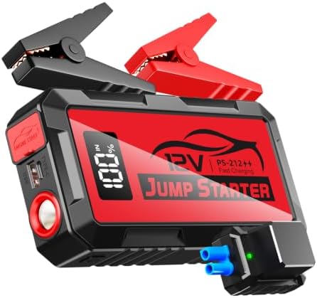 8000A Car Jump Starter, 12V Jump Starter Battery Pack (All Gas,up to 10.0L Diesel Engine) Jumper Cables Portable Lithium Jump Box, USB Output and LED Light (red)