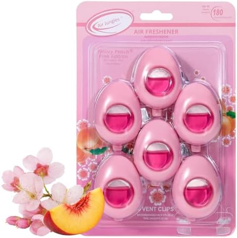 Air Jungles Car Air Freshener Vent Clip 6 Ct, Honey Peach Scent | Pink Edition, Long-Lasting Sweet Fruit Fragrance & Odor Eliminator for Car Interiors, 4 mL Each, Lasts Up to 180 Days