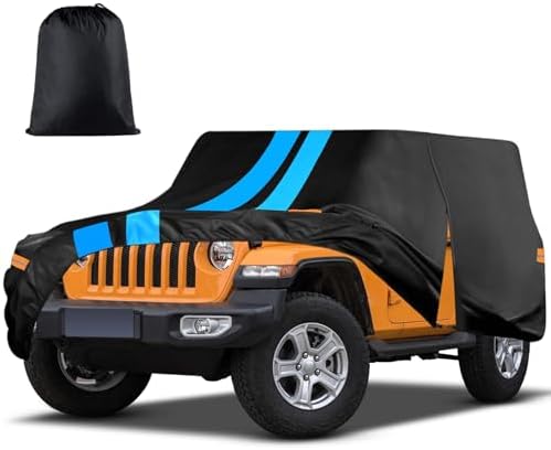 Sailnovo Car Cover Jeep Cover Waterproof 4 Door Fit for Jeep Wrangler 4 Doors 2006-2023 JK JL All Weather Sun Rain Snow Wind Hail Protection Outdoor with Door Zipper, Cotton Lining, Reflective Strip