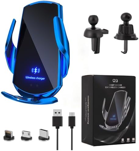Wireless Car Charger Mount Automotive Electric Induction 15W Wireless Charger Car Auto Clamping Car Phone Holder Mount Wireless Charging Mount Vent Phone Holde Compatible with Android (Blue)