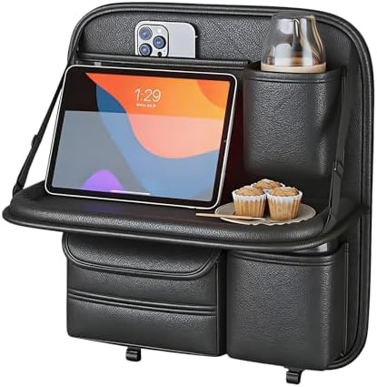 Car Backseat Organizer with Foldable Table Tray,Hanging Storage Bag with Touch Screen Phone Holder,Premium PU Leather Material,Compatible with Most Vehicles,Inner Car Accessories