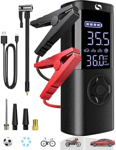 Jump Starter with Air Compressor, Peak Car Jumper Starter Portable, Jump Box with Jumper Cables, for Cars and Motorcycles, LCD Display