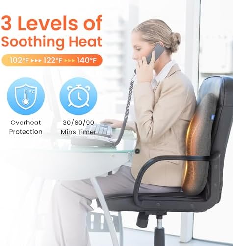 CILI Heated Lumbar Support Pillow for Office Chair, Ergonomic Back Support Cushion with Vibration, Memory Foam Chair Back Massager,Father‘s Day Gift for Dad