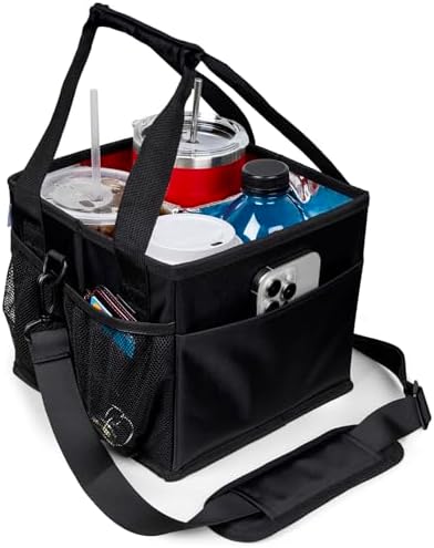 Reusable Drink Carrier with Handle – Tip-Resistant 4 Cup Carrier with Shoulder Strap for Delivery – Insulated, Foldable, Adjustable Dividers – Portable Caddy Tote Bag, Drink Holder for Car