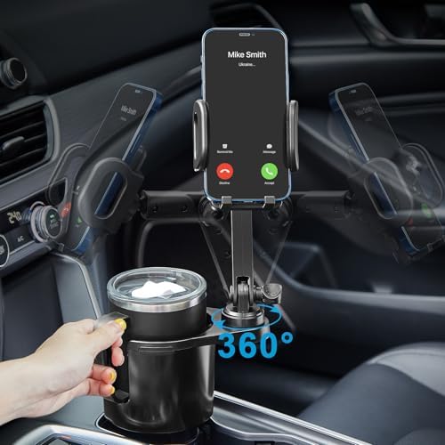 Cup Holder Phone Mount, 2 in 1 Cup Holder Expander for Car Long Arm with 360°Rotation Cup Holder Cell Phone Holder for Car Compatible with All Smartphones