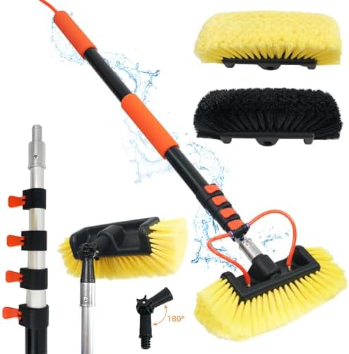 12FT Car Wash Brush with Long Handle Hose Attachment Telescopic Pole with Angle Adapter 12" Soft and Hard Bristle Cleaning Brush for Car Truck RV House Floor Window Roof Pool Solar Panels
