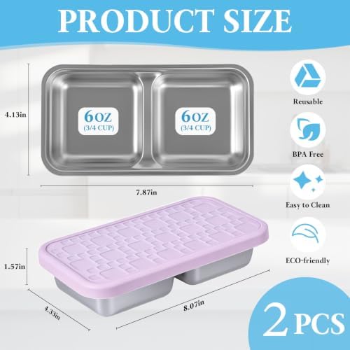 2 Pack Reusable Stainless Steel Snack Containers, Metal Food Containers with Silicione Lids, Stackable Dual Compartment Lunch Box for School Lunch, Travel and Office