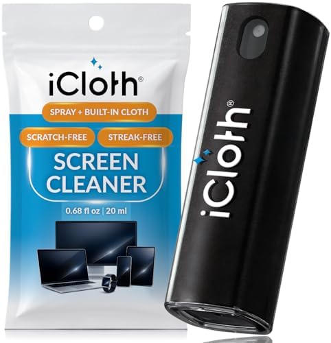 iCloth 2-in-1 Screen Cleaner Spray with Built-in Microfiber Cloth for Laptops, Tablets, Phones, Car Screens, and Touchscreens, Streak-Free &amp; Anti-Smudge, Large 0.68 fl oz (20ml) Bottle