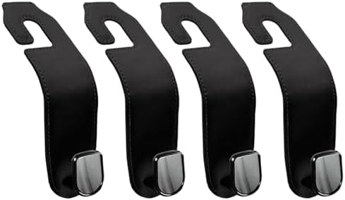 Leather Seat Headrest Hook, 4 Pack Purses and Bags Holder Hanger for Car Groceries Organization Accessories, Black